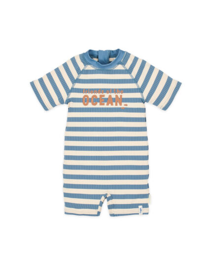LITTLE DUTCH. Ολόσωμο κοντομάνικο μαγιό Ocean Blue Stripes. Happy bee