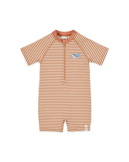 LITTLE DUTCH. Ολόσωμο κοντομάνικο μαγιό Ocean Brown Stripes. Happy bee